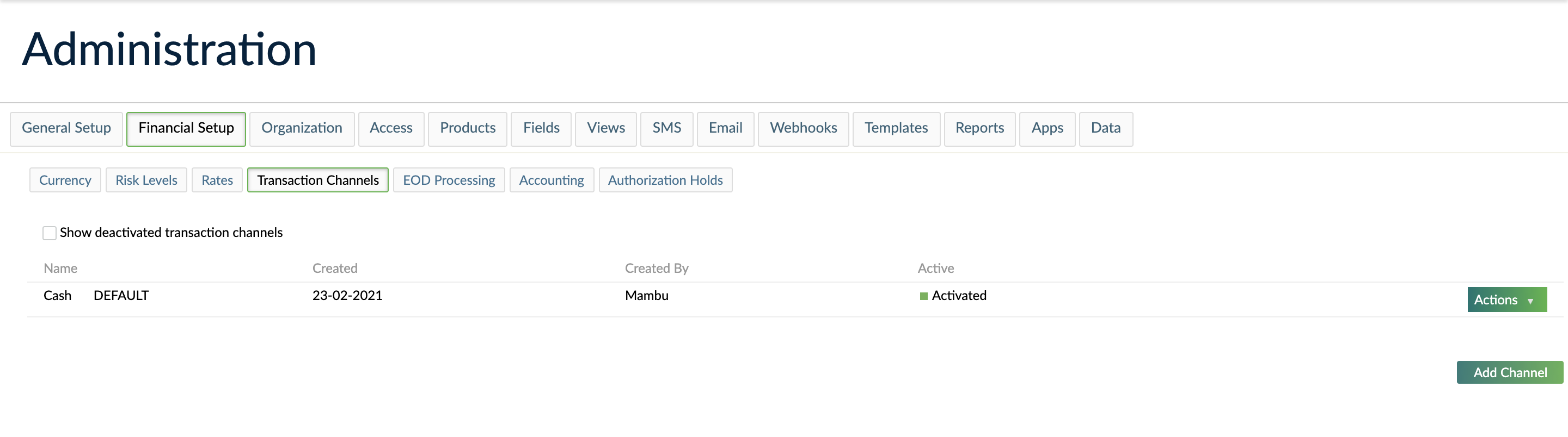 Transaction Channels main view, where all defined transaction channels are displayed